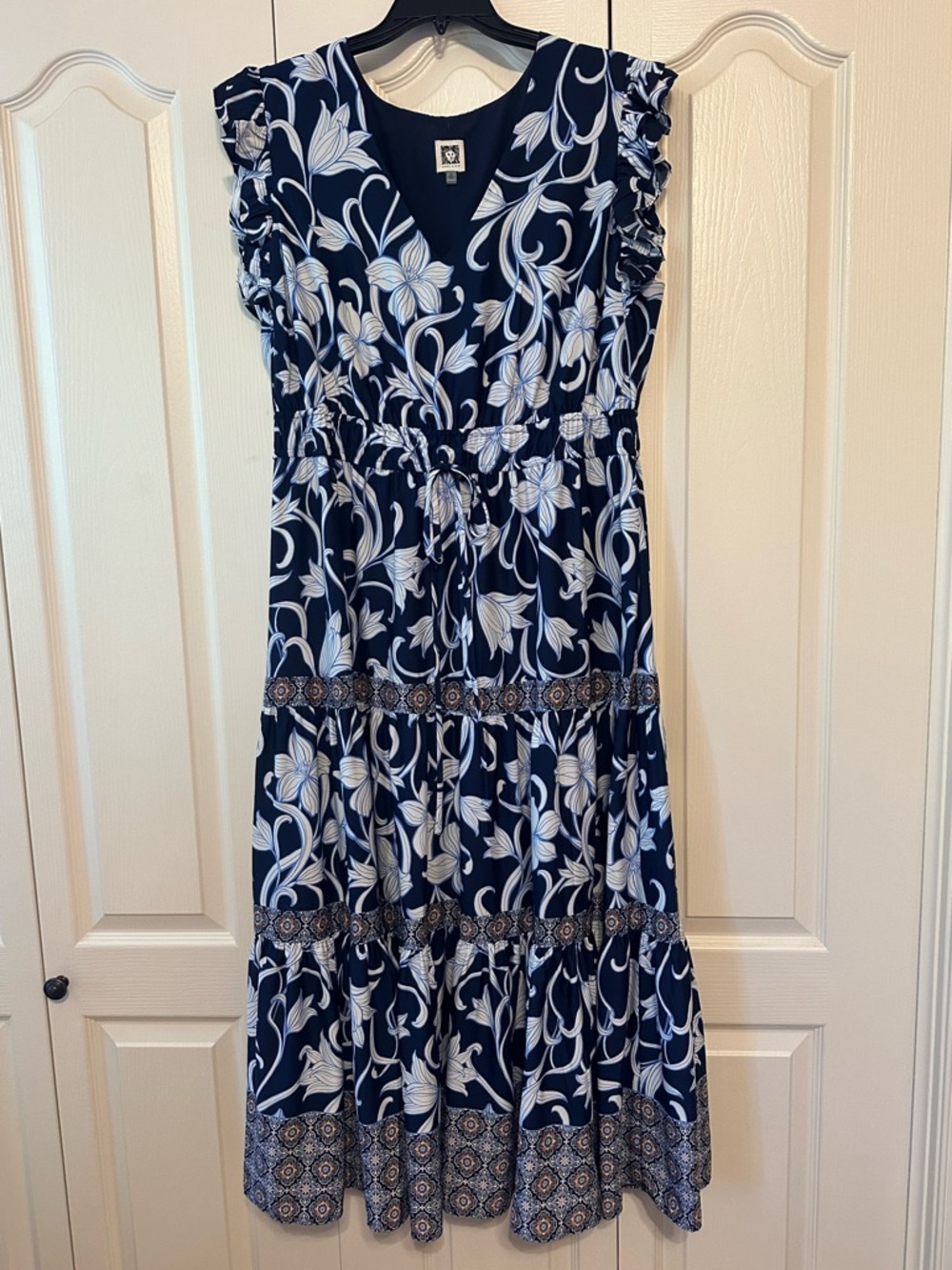 Anne Klein Navy and White Floral Border Trim Draw String Maxi Dress. Sz XL